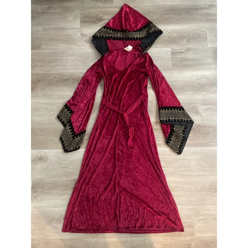 Vintage Deceptions by Disguise Burgundy Medieval Hooded Velvet Dress Jr 9